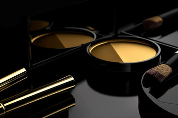 Beauty, fashion, make-up and lifestyles concept. Various woman make-up related objects background. Gold colored shades
