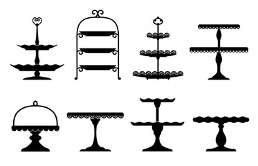 Wedding cake platter, stand tray silhouettes. Isolated vector elegant black tables set for displaying fruits or desserts during festive events and ceremonies. Monochrome serving items for food display
