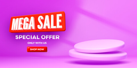 3d purple sale product podium stage. Realistic vector promotional ads background with round floating platforms, special offer mega sale banner with shop now button. Discount, sale off advertising
