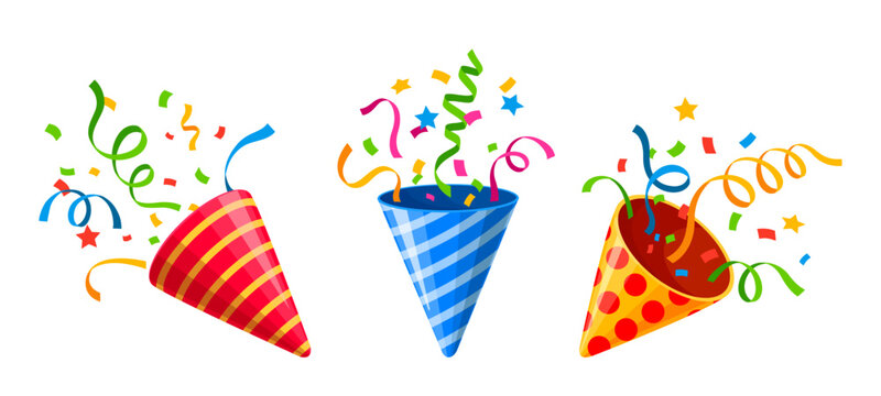 Holiday popper striped cone, birthday party firecrackers with confetti. Isolated cartoon vector vibrant shooters burst of joy, releasing festive ribbons to celebrate carnival bash or special occasion