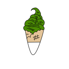 A cartoon drawing of a green ice cream cone with a green swirl on top