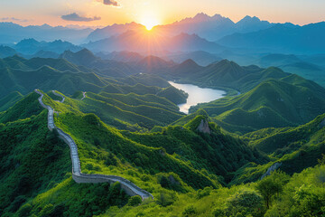 In the green mountains, there is an ancient Great Wall with winding roads and lakes in front of it. The sun sets behind them, creating a beautiful scener. Created with Ai