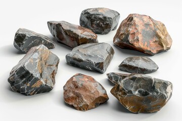 stone, rocks, various types of stones isolated on white background