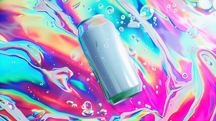 Dive into a Psychedelic Splash: Soda Can Meets Surreal Hues and Bubbles.