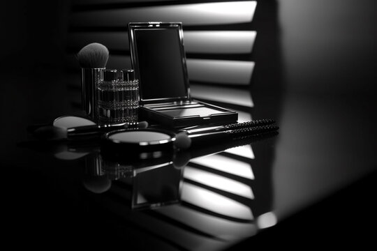Beauty, fashion, make-up and lifestyles concept. Various woman make-up related objects background. Silver colored shades, black and white image