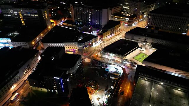 Illuminated Tall Buildings During Night at Central Birmingham City of England Great Britain. 
