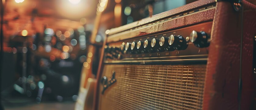 Close up vintage amplifier guitar with electric guitar rests on 
 guitar stand beside vintage amp guitar and low lighting