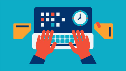 A pair of hands rapidly type on a keyboard updating production schedules and delivery timelines in realtime based on new market demands. - obrazy, fototapety, plakaty