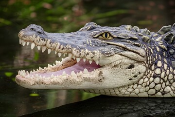 Crocodile head with toothy mouth and yellow eyes, close up