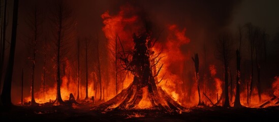 Fire rages fiercely amidst the trees of a dense forest, engulfing everything in its path with flames and smoke