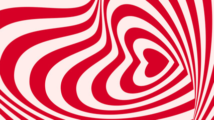 Psychedelic heart tunnel or hypnotic love background for Valentine or wedding, cartoon vector. Abstract heart red and pink stripes with spiral twirl of optical illusion for romance and love background