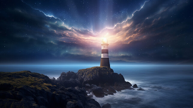 Cosmic Lighthouse with light star a breathtaking astrophotography image