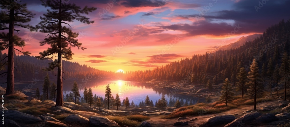 Wall mural An artwork showcasing a beautiful sunset casting warm colors over a serene lake, reflecting the sky, with lush trees framing the scene