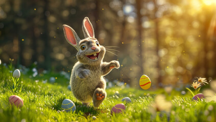 Happy Easter Cute smiling rabbit running in the meadow with colorful eggs