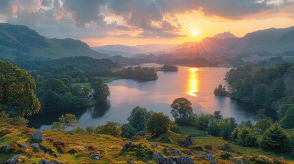 Beautiful sunset over Lake District in England, with the sun setting behind green hills and trees around the lake, creating an idyllic scene of nature's beauty. Created with Ai - obrazy, fototapety, plakaty