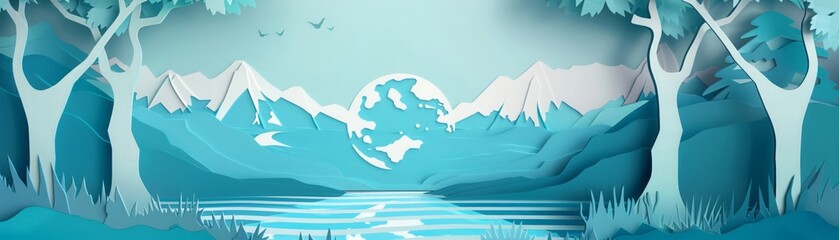 Conservative Earth Day papercut, watersaving message, clear cut, serene blue background , ultra HD
