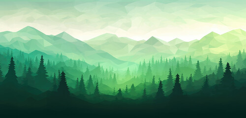 Geometric low poly, polygonal triangle landscape with green silhouettes of mountains, hills and forest and clouds in the sky - vector illustration