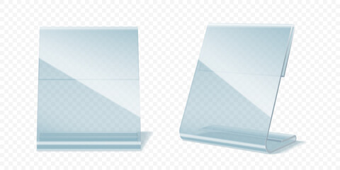 Table display stand, plastic or plexiglass holder for paper, price, card or menu isolated 3d vector mockup. Transparent acrylic accessories to showcase information during events or in the restaurant