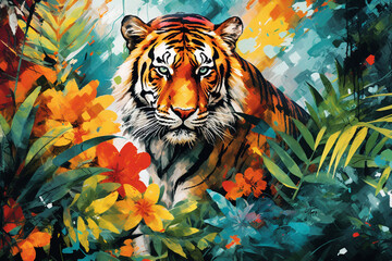 Obraz premium Animals, wildlife concept, modern art concept. Abstract painting of tiger hiding in colorful jungle. Close-up animal portrait
