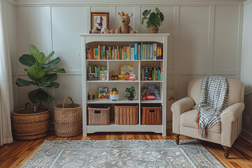 A cozy reading nook with an armchair, bookshelves filled with children's books and toys, basket boxes on the shelves, and a vintage rug in pastel colors. Created with Ai