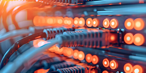 Fiber Optic cables connected to an optic ports in data center, Network cables connected into switches. Ethernet router in data center.