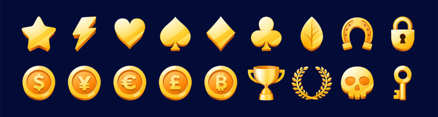 Golden icons game asset. Vector set of gold star, lightning bolt, heart, diamond, club and spade card suits. Lucky horseshoe, padlock and currency coins of dollar, yen, euro, pound and bitcoin or cup