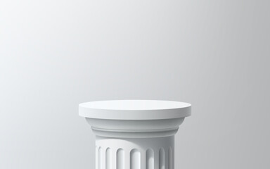 Greek Roman white column podium. Realistic 3d vector pillar with round base for cosmetics presentation, products promo and exhibition of classical art objects in museum. Pedestal, platform or display