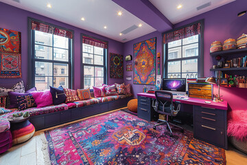Quirky home office with colorful artwork and unconventional furniturehigh detailed