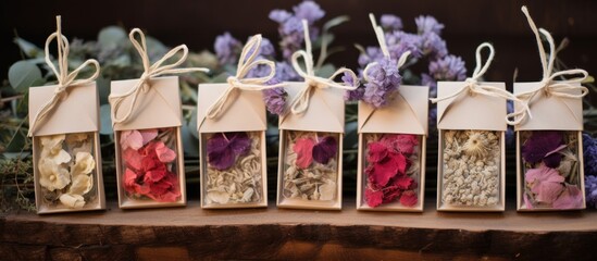 Four tiny rectangular containers featuring various dried blooms fastened securely with string placed on a flat surface