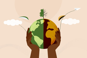 Human hands holding Earth globe, compared between green sustainability ecology and high pollution earth with death tree. Vector Illutration.
