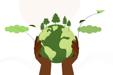Human hands holding Earth globe. Earth Day, World Environment Day concept. Sustainable ecology and environment conservation concept design. Vector illustration.