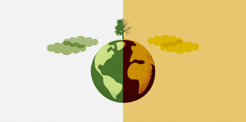 Earth globe, compared between green sustainability ecology and high pollution earth with death tree. Vector Illutration.