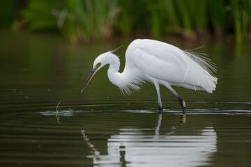 Naklejka premium Egretta garzetta searching for food in lake, graceful bird