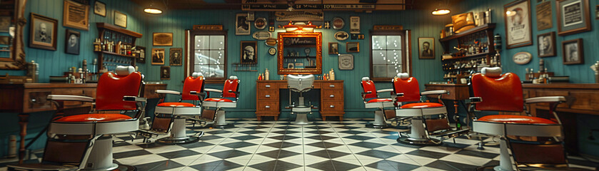 Vintage barbershop interior with classic chairs and nostalgic decor8K - obrazy, fototapety, plakaty