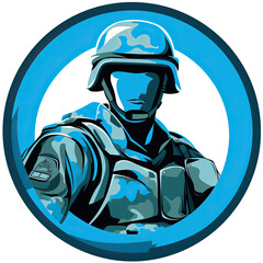A logo of a faceless soldier with a blue and white background - obrazy, fototapety, plakaty