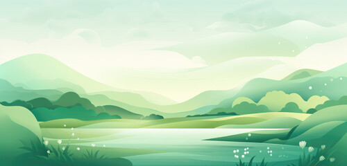 Fototapeta na wymiar Watercolours andscape with green color silhouettes of mountains, hills and forest and clouds in the sky - vector illustration