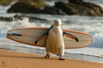 A penguin carries a surfboard on the seashore.