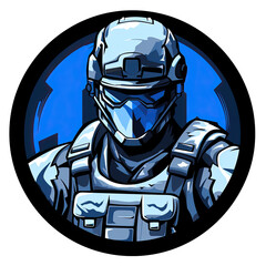 A logo of a soldier with a blue and black background - obrazy, fototapety, plakaty