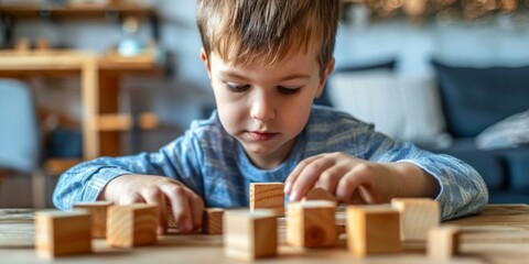 A close-up of a young boy engaged in play, stacking wooden blocks on a table
