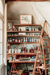 Watercolor painting of shelves with art supply materials.	