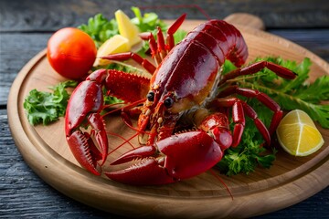 Fragrant boiled crayfish on wooden board, culinary delight