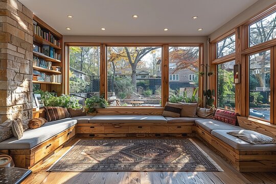 Cozy breakfast nook with a built-in bench and natural lightHyperrealistic