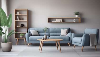 Modern living room interior with blue sofa coffee table bookshelf and green plants