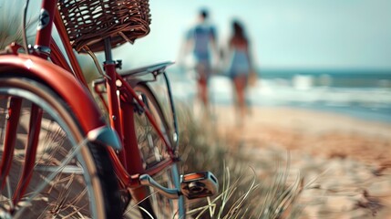 Seaside Escape: A red bicycle waits as a couple strolls on the sunny beach. - obrazy, fototapety, plakaty