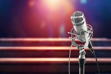 Frame Microphone on stage with wooden bench, blurred light background - obrazy, fototapety, plakaty