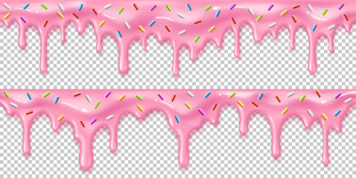 Realistic strawberry pink melting drip cream with candy sprinkles. 3d vector donut icing glaze, isolated candy melt border, cake liquid syrup flowing down. Sweet confectionery pouring down with drops