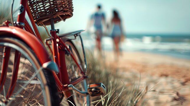 Seaside Escape: A red bicycle waits as a couple strolls on the sunny beach.