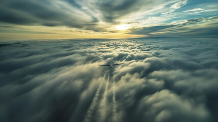 Airplane flying above the clouds during sunrise, aerial view. - obrazy, fototapety, plakaty