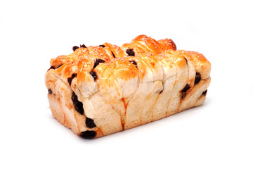 Cinnamon raisin bread isolated on white background. Raisin cinnamon loaf. Bakery