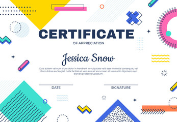Modern geometric Memphis certificate template on abstract background, vector diploma award. Appreciation certificate for school, university workshop or training classes with minimal Memphis elements